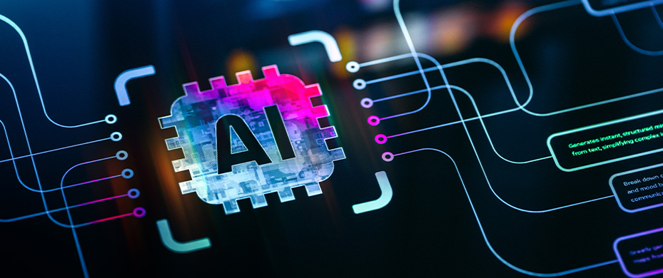 중앙에 빛나는 'AI' 글자가 새겨진 사각형 반도체 칩이 있고, 그 주변으로 복잡한 전기 회로가 선으로 연결된 모습